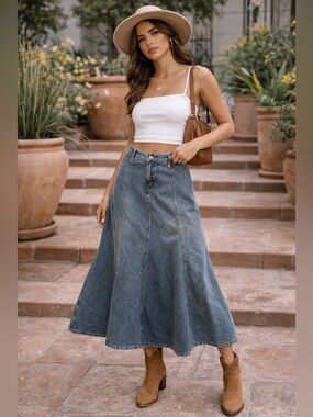 Denim Midi Skirt | Size 6 | Boho Western Cottagecore
